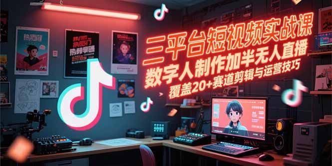 三平台短视频实战课，数字人制作加半无人直播，覆盖20+赛道剪辑与运营技巧-缘梦网创