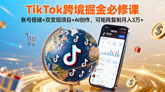 TikTo跨境掘金必修课，账号搭建+双变现项目+AI创作，可矩阵复制月入3万+-缘梦网创