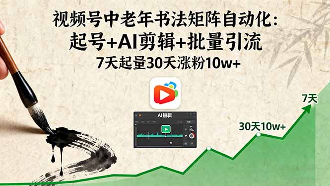 视频号中老年书法矩阵自动化：起号+AI剪辑+批量引流 7天起量30天涨粉10w+-缘梦网创