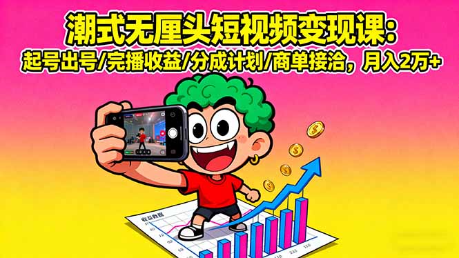 潮式无厘头短视频变现课：起号出号/完播收益/分成计划/商单接洽，月入2万+-缘梦网创