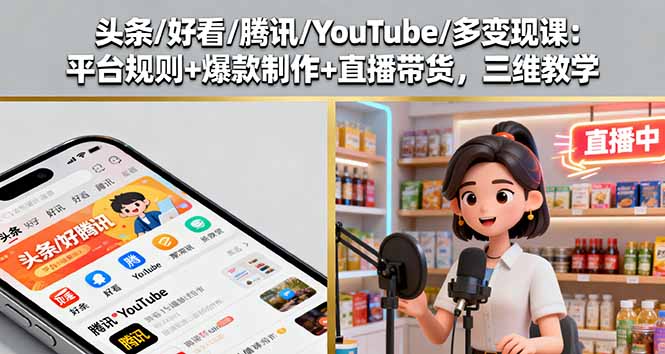 头条/好看/腾讯/YouTube/多变现课：平台规则+爆款制作+直播带货，三维教学-缘梦网创