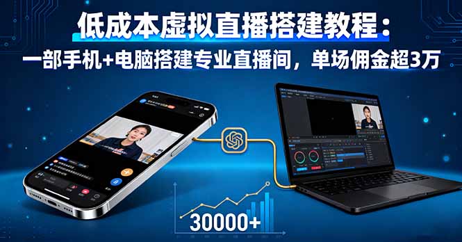 低成本虚拟直播搭建教程：一部手机+电脑搭建专业直播间，单场佣金超3万-缘梦网创