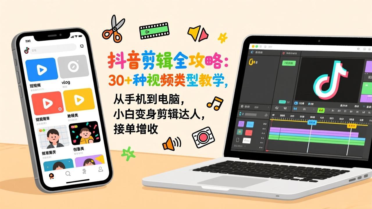 抖音剪辑全攻略：30+种视频类型教学，从手机到电脑，小白变身剪辑达人，接单增收-缘梦网创