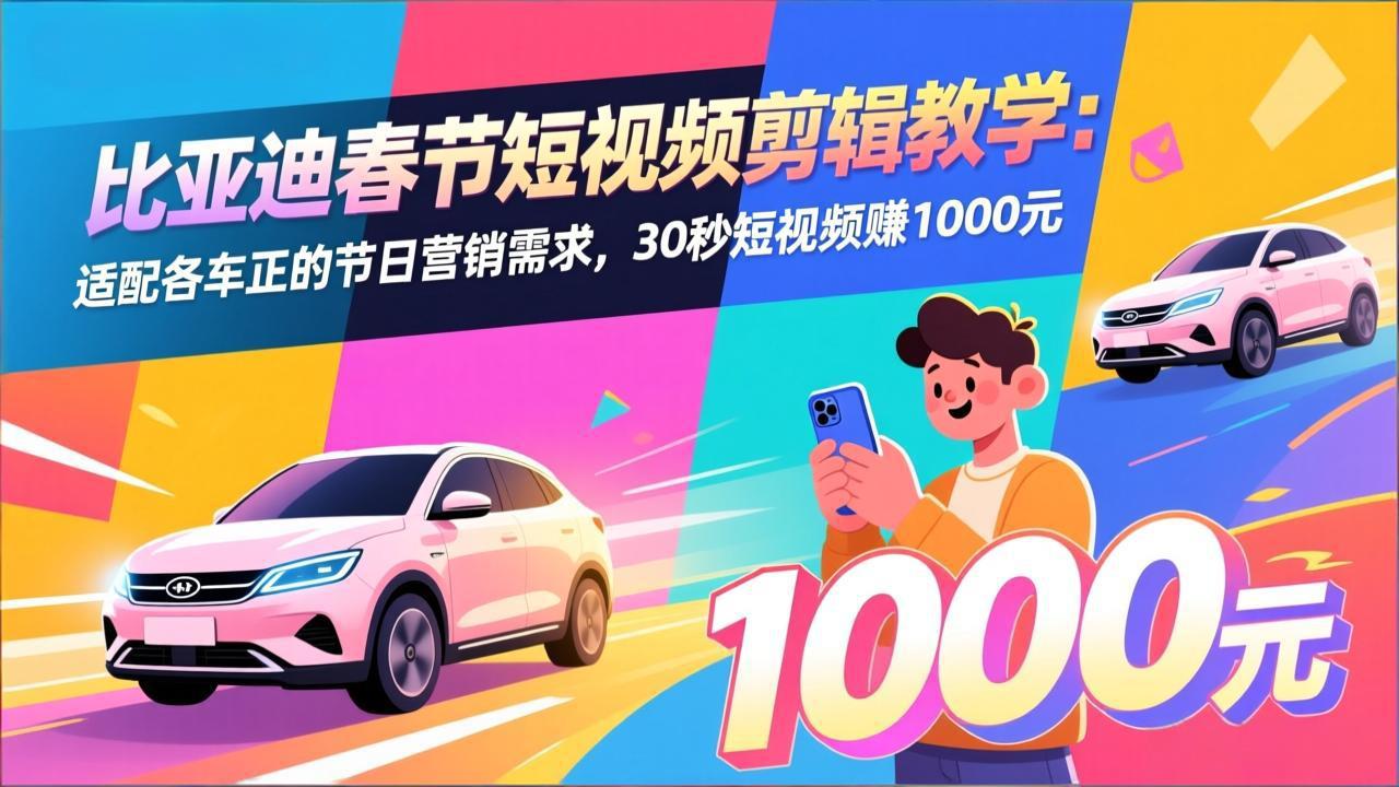 比亚迪春节短视频剪辑教学：适配各车企的节日营销需求，30秒短视频赚1000元-缘梦网创