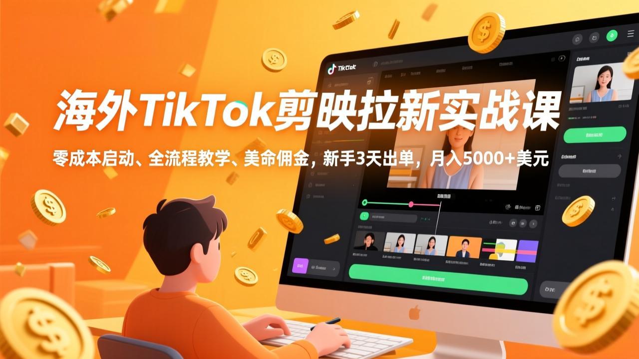 海外TikTok剪映拉新实战课，零成本启动、全流程教学、美金佣金，新手3天出单，月入5000+美元-缘梦网创