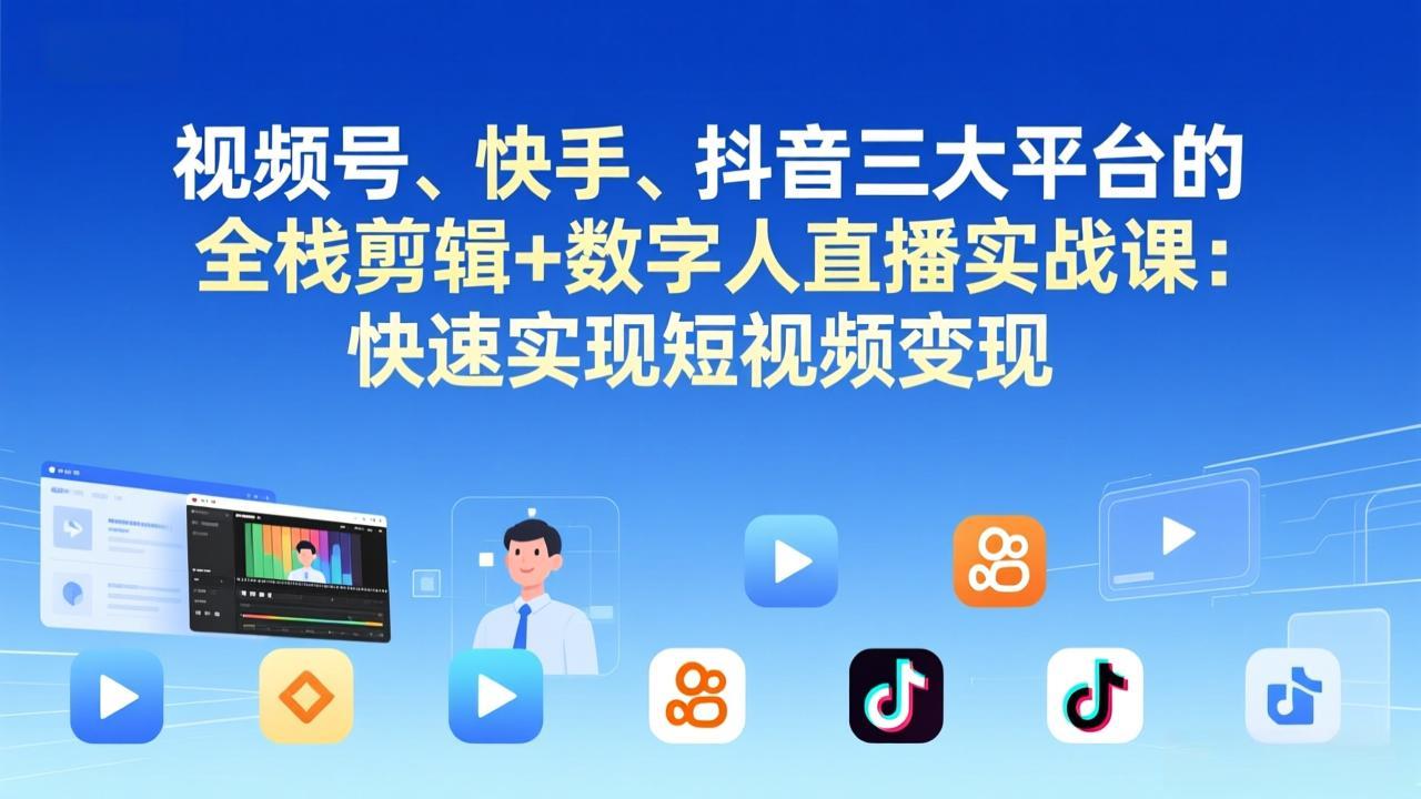视频号+快手+抖音三大平台全栈剪辑+数字人直播实战课-3月更新：快速实现短视频变现-缘梦网创