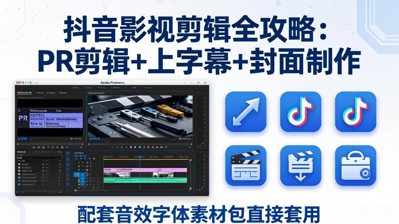抖音影视剪辑全攻略:PR剪辑+上字幕+封面制作,配套音效字体素材包直接套用-缘梦网创