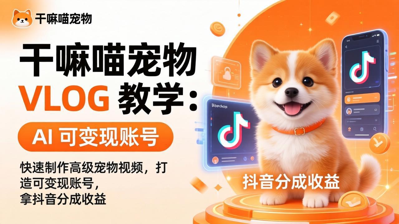 干嘛喵宠物 VLOG 教学:AI 快速制作高级宠物视频,打造可变现账号,拿抖音分成收益-缘梦网创