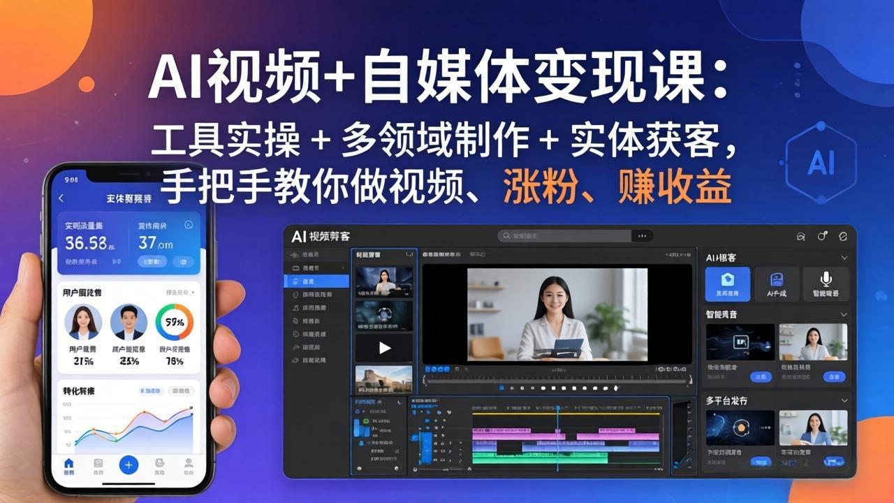 AI视频+自媒体变现课:工具实操 + 多领域制作 + 实体获客,手把手教你做视频、涨粉、赚收益-缘梦网创