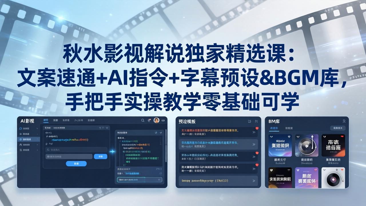 秋水影视解说独家精选课：文案速通+AI指令+字幕预设+BGM库，手把手实操教学零基础可学-缘梦网创