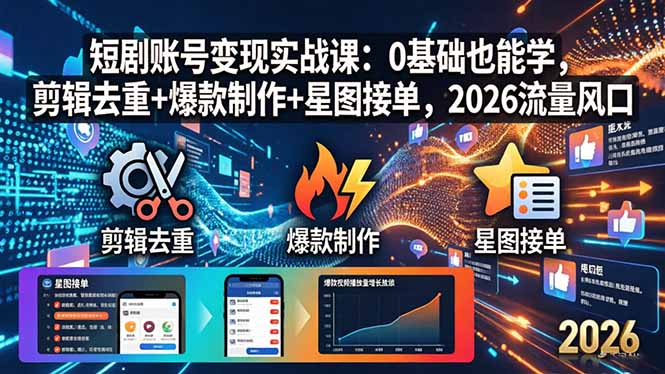 短剧账号变现实战课：0基础也能学，剪辑去重+爆款制作+星图接单，2026流量风口-缘梦网创