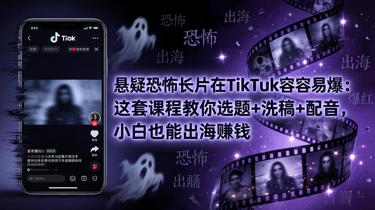 悬疑恐怖长片在TikTok最容易爆:这套课程教你选题+洗稿+配音,小白也能出海赚钱-缘梦网创