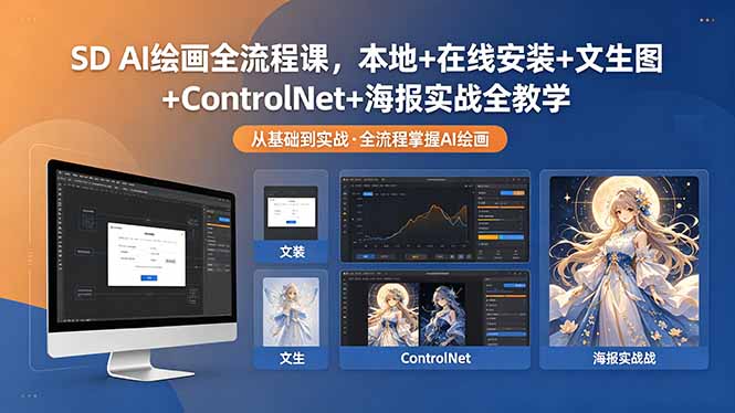 SD AI绘画全流程课，本地+在线安装+文生图+ControlNet+海报实战全教学-缘梦网创