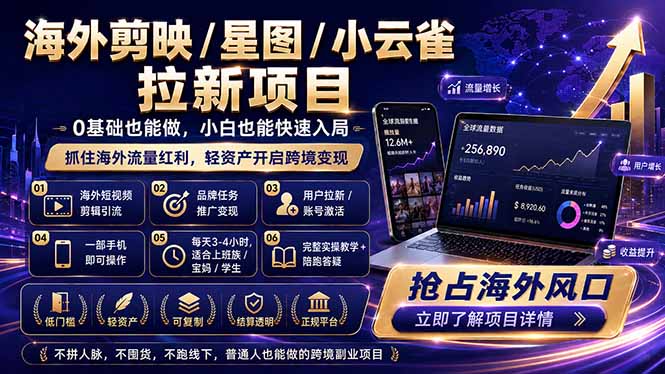 海外剪映/星图/小云雀拉新项目 普通人也能上手的跨境流量变现副业-缘梦网创