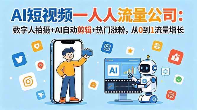 AI短视频一人流量公司：数字人拍摄+AI自动剪辑+热门涨粉，从0到1流量增长-缘梦网创