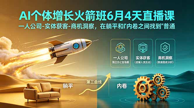 AI个体增长火箭班6月4天直播课,一人公司-实体获客-商机洞察,在躺平和内卷之间找到“普通人创收”的第三曲线-缘梦网创