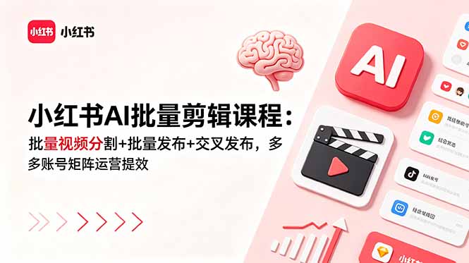 小红书AI批量剪辑课程：批量视频分割+批量发布+交叉发布，多账号矩阵运营提效-缘梦网创
