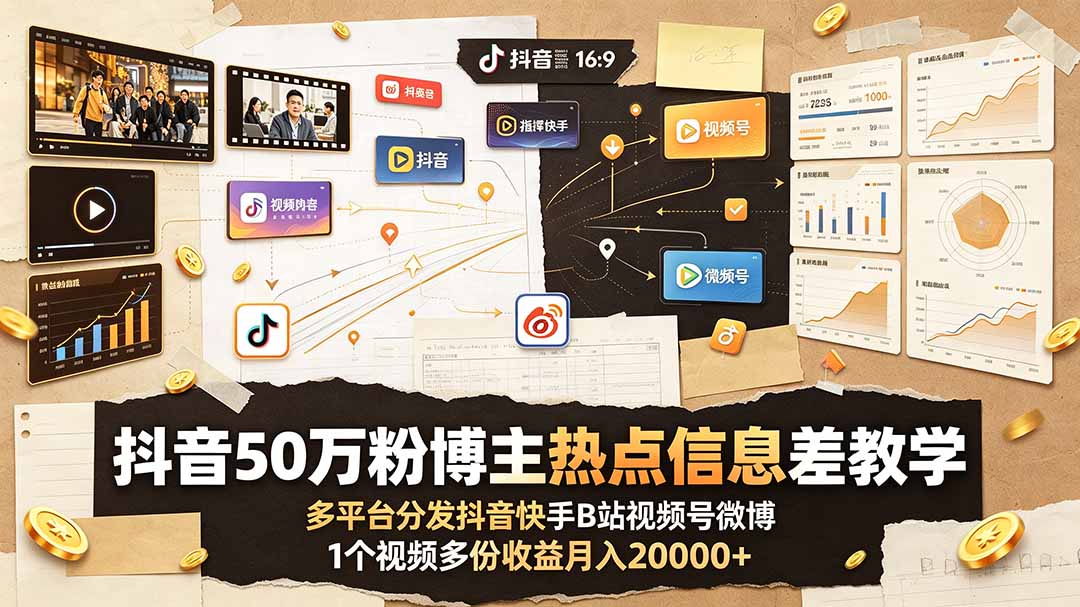 抖音50万粉博主热点信息差教学：多平台分发抖音快手B站视频号微博，1个视频多份收益月入20000+-缘梦网创