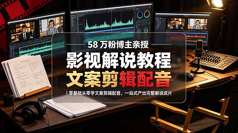 58 万粉博主荧幕春秋亲授影视解说教程|零基础从零学文案剪辑配音,一站式产出完整解说成片-缘梦网创